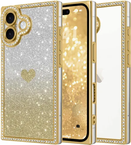 Miniatura 28 de Funda para iPhone 13, funda de diamantes de imitación de lujo con patrón de corazón de amor de cristal [papel con purpurina extraíble], parachoques