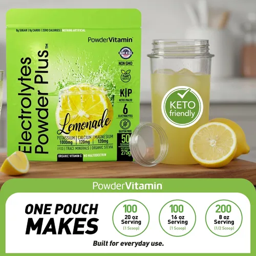 Miniatura 5 de Polvo de Electrolitos Plus (50 porciones), 0 calorías Keto, 0 azúcar, sin maltodextrina, 1000 mg de potasio, 120 mg de calcio, 120 mg de magnesio