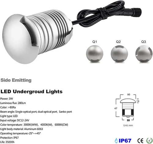 Miniatura 3 de 6 lámparas LED subterráneas impermeables de 3W DC12-24V DC 280LM para pozo subterráneo, emisión lateral, luz LED horizontal de aluminio direccional