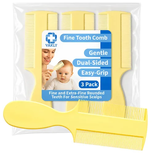 Vakly Peine de dientes finos (paquete de 3) – Peine de bebé de doble cara con asa, peine extrafino para piojos y caspa para cuna, recién nacidos,