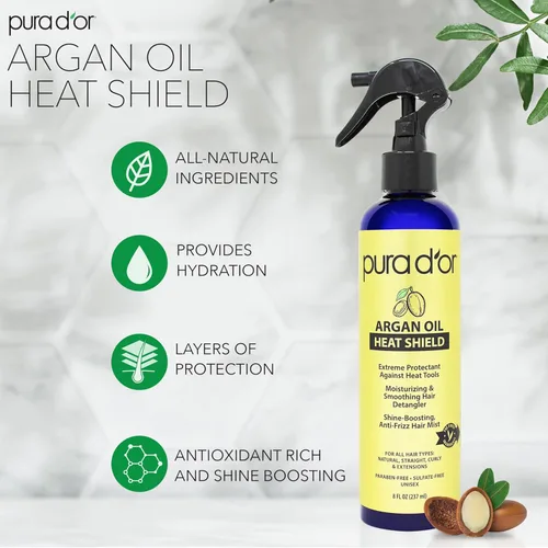 Miniatura 2 de PURA D'OR Spray protector térmico de aceite de argán de 8 onzas con ingredientes orgánicos seleccionados, protege hasta 450º F de planchado plano