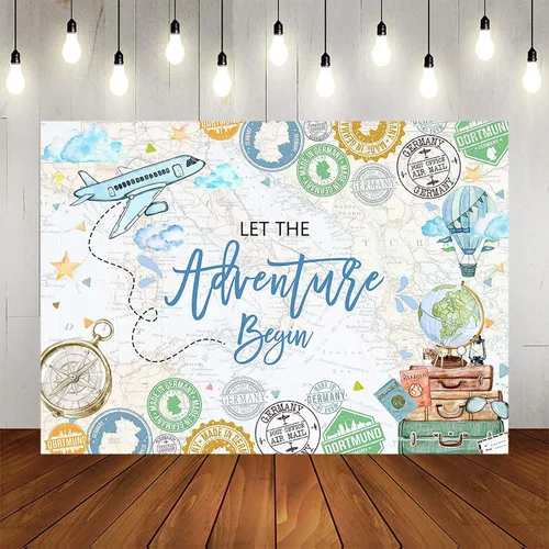 Miniatura 3 de Avezano Fondo de viaje con texto en inglés "Let The Adventure Begin", cartel de fotografía con mapa del mundo de avión, fondo de viaje
