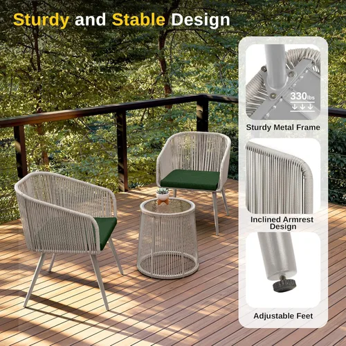Miniatura 6 de East Oak Juego de 3 piezas para patio bistró, juego de conversación de patio con 2 sillas ergonómicas anchas, cojines y mesa auxiliar de cristal