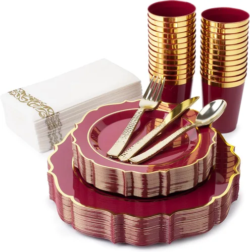 Platos desechables burdeos - 50 platos de plástico granate, juego de vajilla de plástico rojo, 25 vasos de 10 onzas, 75 cubiertos dorados, 25 Borgoña