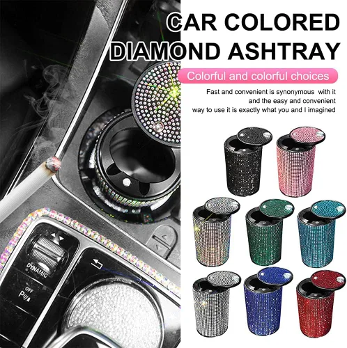 Miniatura 3 de Cenicero portátil con tapa, a prueba de olores, cenicero de automóvil de diamantes de cristal para mujeres, mini bote de basura ideal para Negro
