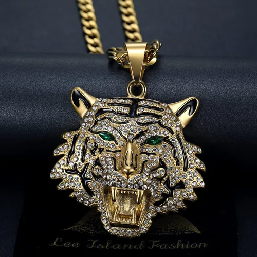 Miniatura 2 de CJiePeiC CZ Fully Roaring Tiger Head With Green Red Eyes Pendant Punk Rock Stainless Steel Necklace, 24 Inch 7mm Chain For Men Hip Hop Animal