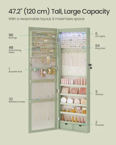 Miniatura 64 de Songmics - UJJC93W - Armario para joyas que se puede cerrar con llave, de montaje en pared o puerta, con espejo de 6 luces LED, para organización