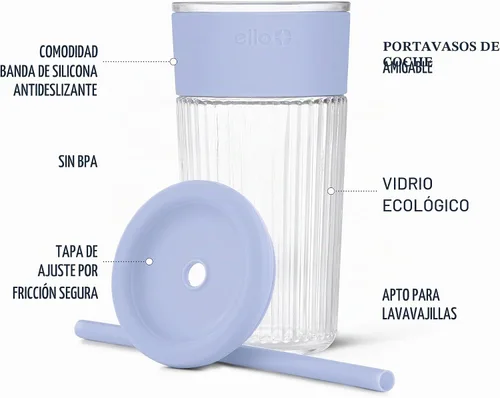 Miniatura 3 de Ello Ava - Vaso de vidrio de 18 onzas con popote y tapa, vidrio acanalado de alta calidad con agarre de silicona, apto para tazas de automóvil, apto