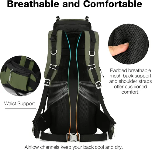 Miniatura 6 de Mochila de senderismo impermeable de 60L con cubierta de lluvia para hombres y mujeres, mochila de camping grande, verde Verde oscuro