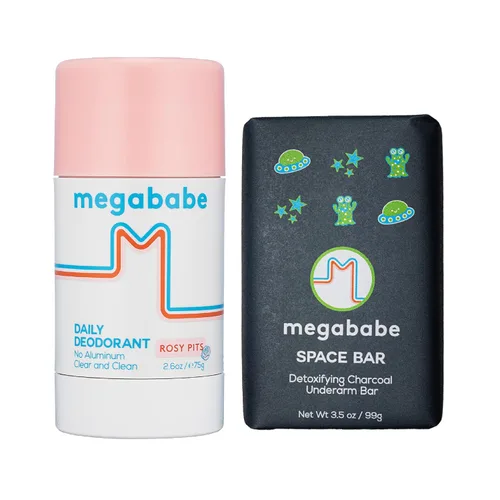 Megababe Paquete de 2 piezas para las axilas, desodorante diario Rosy Pits de 2.6 onzas y jabón desintoxicante de barra espaciadora de 3.5 onzas,