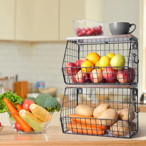 Miniatura 7 de Mefirt 2 cestas de frutas para almacenamiento de cocina con tapa de madera, cesta de pared apilable para cocina, organizador de encimera para Marrón