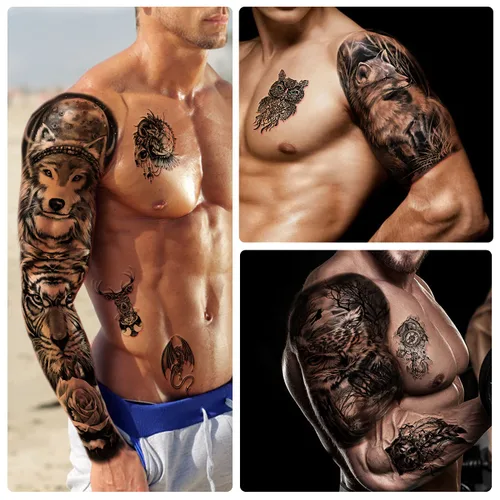 Miniatura 3 de Tatuaje Temporal de Brazo Completo Impermeable para Hombres (L22.8" x A7"), 46 Hojas de Tatuajes Falsos para Mujeres León Tigre Reloj Flor Esqueleto