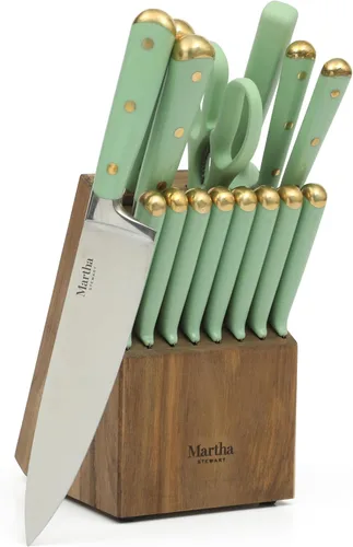 Martha Stewart Juego de 16 cuchillos de cocina Lockton de acero inoxidable de alto carbono con mango forjado triple remachado de ABS, bloque de