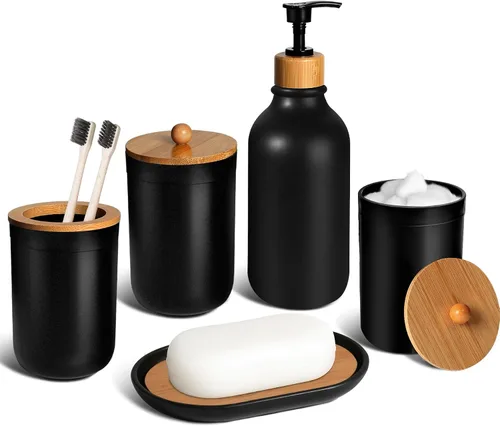 Juego de 5 accesorios de baño negros, accesorios de baño negro mate, dispensador de jabón de plástico y soporte para cepillos de dientes, jabonera,
