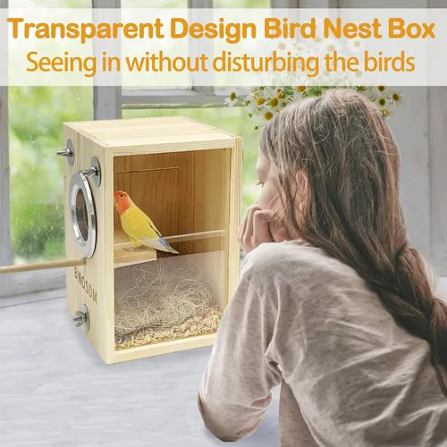 Miniatura 2 de BNOSDM Caja de nido de periquitos Caja transparente de cría de aves Cajas nido de madera natural jaula para pájaros (S)
