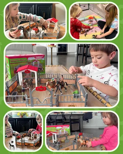 Miniatura 6 de Juego de establo de caballos, regalos de caballo para niñas y niños con 3 caballos y 2 jinetes, juego de juguetes de caballos de animales de granja