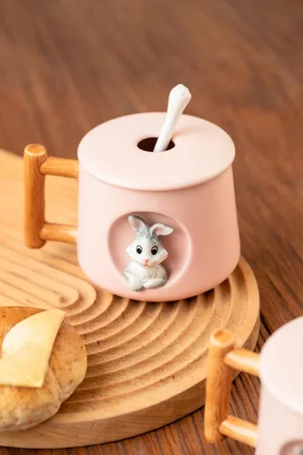Miniatura 5 de DIHOclub Adorable Taza de Cerámica 3D de Conejo con Tapa y Cuchara Perfecta para Café, Té, Leche y Más - Regalo Ideal para Amantes de los Conejitos