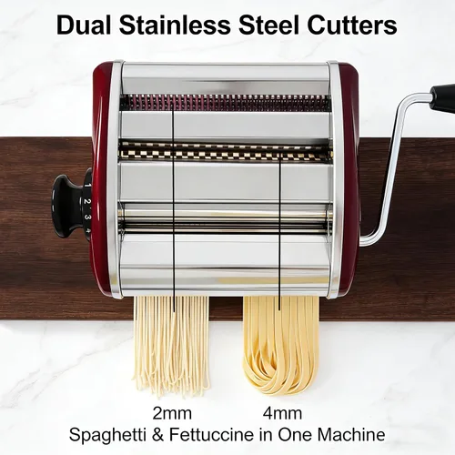 Miniatura 4 de LEONEBEB Máquina de pasta y rodillo de manivela de mano - Máquina de fideos manual 2 en 1 con cortadores integrados de 0.079 in/0.157 in, grosor