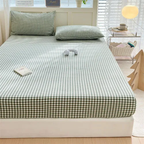 Miniatura 14 de Sábana bajera ajustable de algodón lavado 100% en color topo con diseño Gingham para cama queen, con bolsillo profundo de 15 pulgadas, sábana bajera