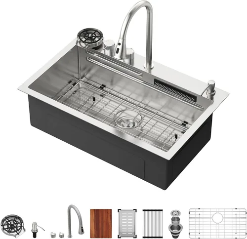 Miniatura 26 de Logmey Fregadero de cocina negro 33x22 empotrable, estación de trabajo de fregadero de cocina, SUS304 calibre 16 acero inoxidable, tazón individual