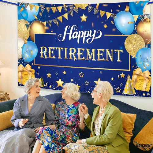 Miniatura 3 de KatchOn Cartel de feliz jubilación extra grande de 72 x 44 pulgadas, decoraciones azules y doradas, telón de fondo para fiesta, decoraciones