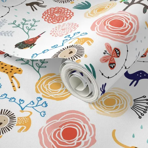 Miniatura 2 de Papel tapiz autoadhesivo de 12 x 2 pies – Flores de selva, elefante, guepardo, pájaro, mono, león, caprichoso, animales florales, habitación