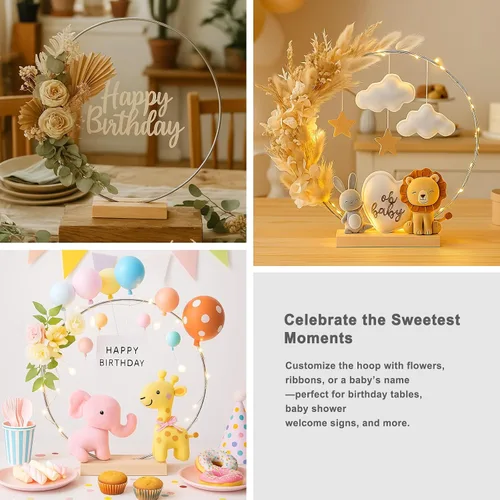 Miniatura 8 de Paquete de 12 aros florales con soporte y luces LED de hadas de 14 pulgadas, anillos de metal para centro de mesa DIY, decoraciones para Plata