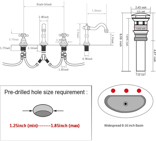 Miniatura 2 de Grifo de 2 manijas para lavabo de baño de tres agujeros, grifo de lavabo extendido, latón antiguo, grifo mezclador con manguera de suministro