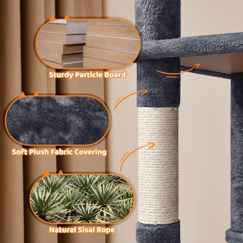 Miniatura 7 de Yaheetech Árbol para gatos de 59 pulgadas con postes rascadores, centro de actividades para escaladores con condominio y dispositivo antivolcado