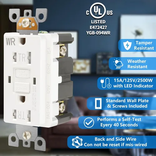 Miniatura 3 de POWAWINI - Enchufe GFCI de 15 amperios, certificación UL, receptáculos GFI de autocomprobación, resistentes a manipulaciones, resistente a la Blanco