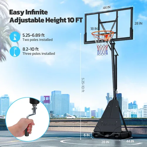 Miniatura 2 de Yohood - Canasta de baloncesto portátil para exteriores con tablero de 44/48 pulgadas, sistema de meta ajustable rápidamente a 10 pies con ruedas