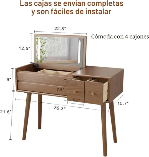 Miniatura 7 de KungFuWood Escritorio de tocador de maquillaje con 3 modos de iluminación, escritorio de tocador de madera maciza con espejo, mesa de tocador con 4