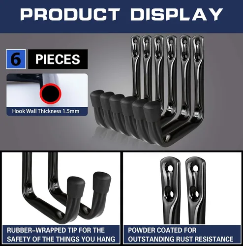Miniatura 4 de Dreecy Ganchos J utilitarios para colgar ganchos resistentes de almacenamiento de garaje para pared de garaje, color negro, paquete de 6