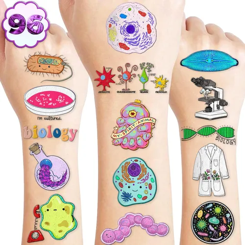 96 tatuajes temporales divertidos de ciencias biológicas, calcomanías de laboratorio celular y microbiología para estudiantes, profesores, recuerdos
