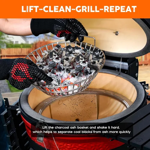 Miniatura 4 de only fire Cesta de ceniza de carbón, soporte de carbón de acero inoxidable con asas, accesorios para parrilla, se ajusta a Kamado Joe Classic