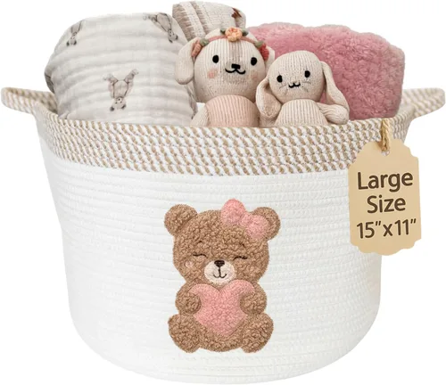 Miniatura 11 de Cesta de almacenamiento de conejo para guardería, cubo grande de cuerda de algodón de 15 x 11 pulgadas con parche bordado suave de conejo