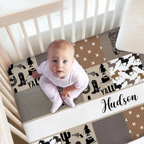 Miniatura 2 de Juego de ropa de cama personalizado para cuna de bebé, edredón de cuna con nombre personalizado, ropa de cama de vaquero para guardería, juego de 2