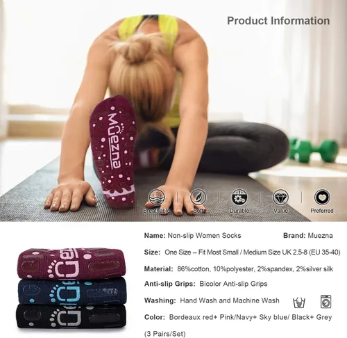 Miniatura 26 de Muezna Calcetines de yoga antideslizantes para mujer, antideslizantes, para pilates, barras, calcetines de hospital con agarres, talla 5-10