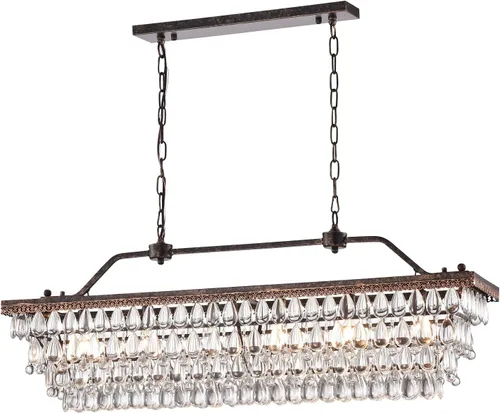 Miniatura 10 de Edvivi Candelabro de cristal lineal rectangular de lujo, 4 luces glamorosas con acabado de bronce antiguo, lámpara de techo ajustable, comedor, isla