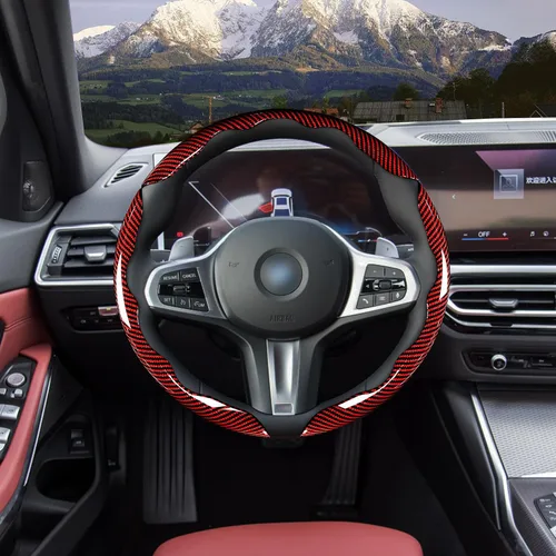 Miniatura 2 de Juego de fundas para volante de automóvil, funda de fibra de carbono brillante, antideslizante, 3 piezas, accesorios para volante de 14.5-15 Rojo