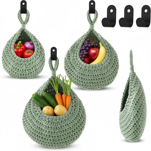 Miniatura 13 de Honeydak Cestas colgantes de pared bohemias para cocina, paquete de 3 cestas de lágrima con ganchos, almacenamiento de frutas, cebollas, verduras