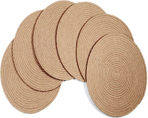 Miniatura 10 de Paquete de 4 manteles individuales de tejido ovalado y juego de 4 posavasos redondos de tela, manteles resistentes al calor, antideslizantes, Negro