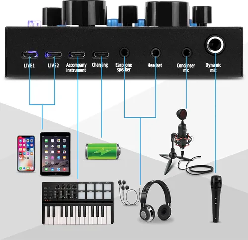 Miniatura 4 de Pyle PKSCRD208 - Mini interfaz de audio Bluetooth, mezclador de podcasts, transmisión en vivo para PC y iPhone, cambiador de voz V8 con 12 efectos