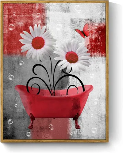 Miniatura 25 de HVEST Arte de pared retro floral morado para sala de estar, casa de campo, margaritas y mariposas en lienzo geométrico abstracto, arte de pared