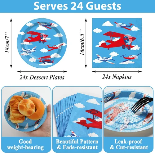 Miniatura 2 de Suministros para fiesta de cumpleaños de avión, sirve 24 platos de papel para fiesta de avión, juego de servilletas de mantel de avión, kit