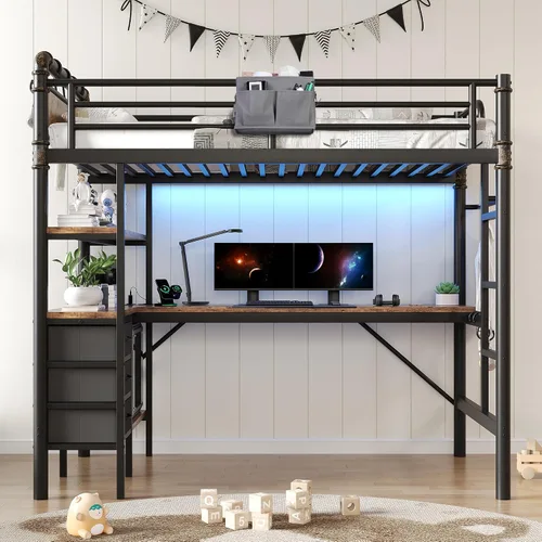 Miniatura 8 de Cama tipo loft de tamaño individual con escritorio en forma de L, luces LED, estación de carga, marco de cama de metal industrial resistente con 3