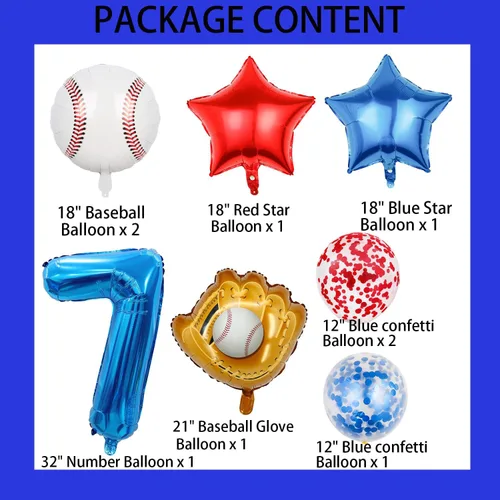 Miniatura 2 de Globos de béisbol de papel de aluminio para decoración de cumpleaños, globos con el número 7, globos de confeti de estrella roja y azul para Béisbol