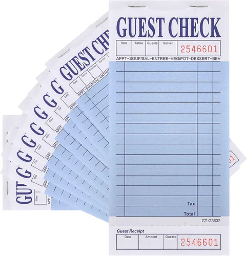 Bloc de notas de servidor (paquete de 10) - 500 cheques de invitados en total - 1 parte de papel azul para cheques de invitados con recibo de azul