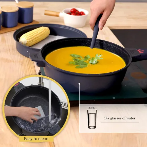Miniatura 8 de TIBORANG Sartén Antiadherente Profunda para Freír Multipropósito 8 en 1 de 11 Pulgadas 5 Cuartos con Indicador de Calor, Tapa de Vidrio, Mango que