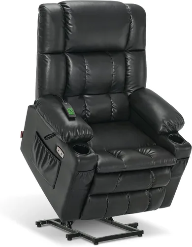 MCombo Silla reclinable eléctrica de motor dual para adultos mayores, silla de elevación plana con calor y masaje, portavasos, puertos USB, piel